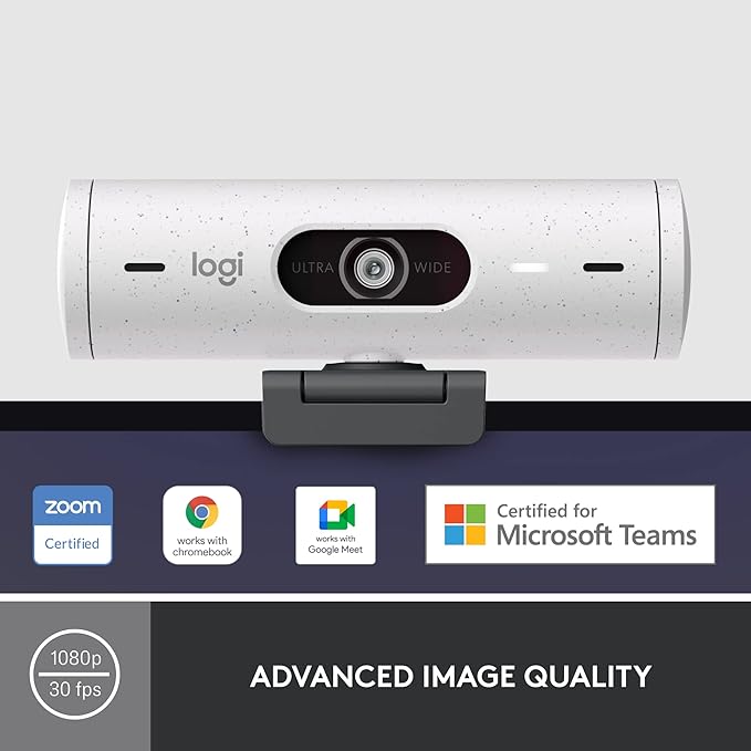 Logitech Brio 500 Full HD Webcam with Auto Light Correction,Show Mode, Dual Noise Reduction Mics, Webcam Privacy Cover, Works with Microsoft Teams, Google Meet, Zoom, USB-C Cable - Off White